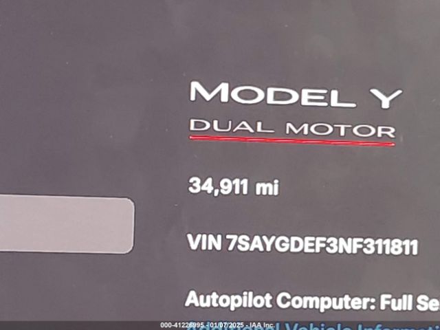 7SAYGDEF3NF311811 Tesla Model Y Performance Dual Motor All-wheel Drive