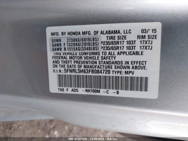 5FNRL5H63FB084720 Honda Odyssey Ex-l