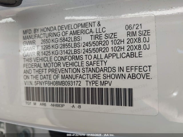 Honda Pilot Awd Elite 2021 5FNYF6H08MB093172 Image 9