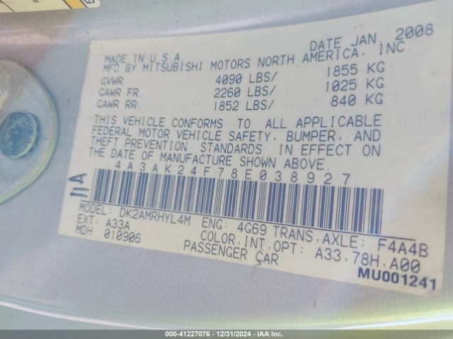 2008 MITSUBISHI ECLIPSE 4A3AK24F78E038927 Photo 8