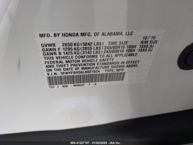 5FNYF6H56LB021624 Honda Pilot Awd Ex-l