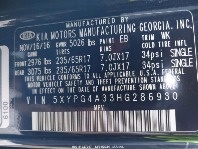 5XYPG4A33HG286930 KIA Sorento 2.4l L