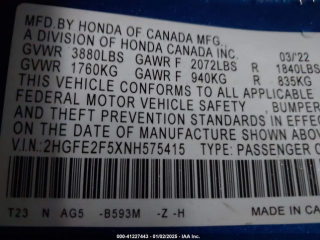 2HGFE2F5XNH575415 Honda Civic Sport