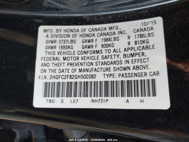 Aukcja sprzedaży 2016 Honda Civic Ex, vin: 2HGFC2F82GH500582, numer aukcji: 41227619