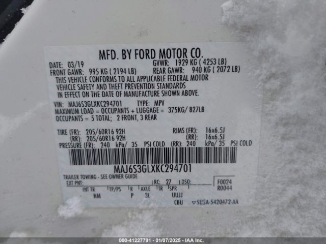 MAJ6S3GLXKC294701 Ford Ecosport Se