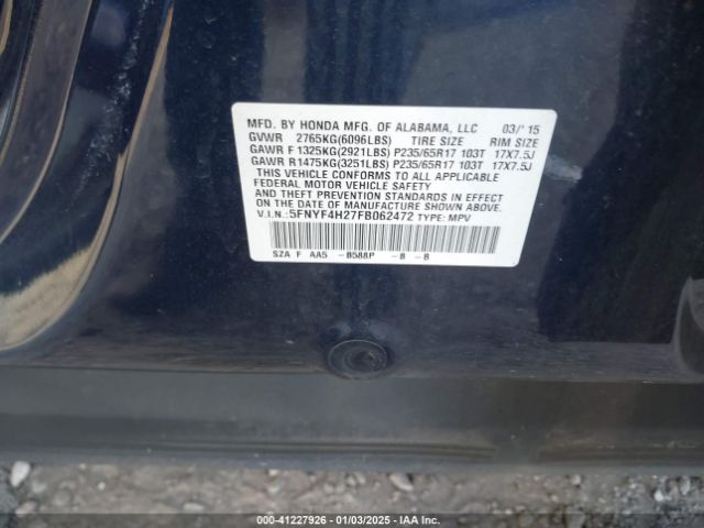 5FNYF4H27FB062472 Honda PILOT LX