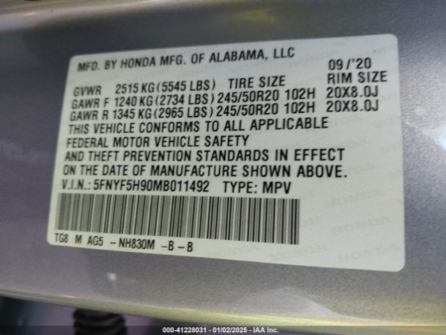 5FNYF5H90MB011492 Honda Pilot 2wd Touring 8 Passenger