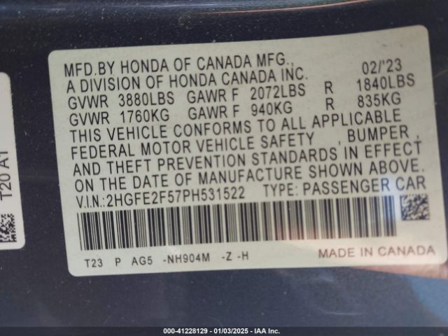 2HGFE2F57PH531522 Honda Civic Sport