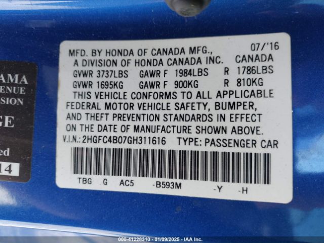 2HGFC4B07GH311616 Honda Civic Lx-p