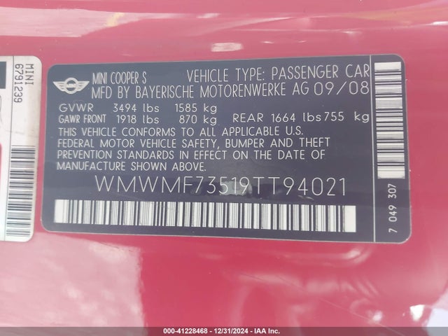 2009 MINI COOPER S WMWMF73519TT94021 Photo 8