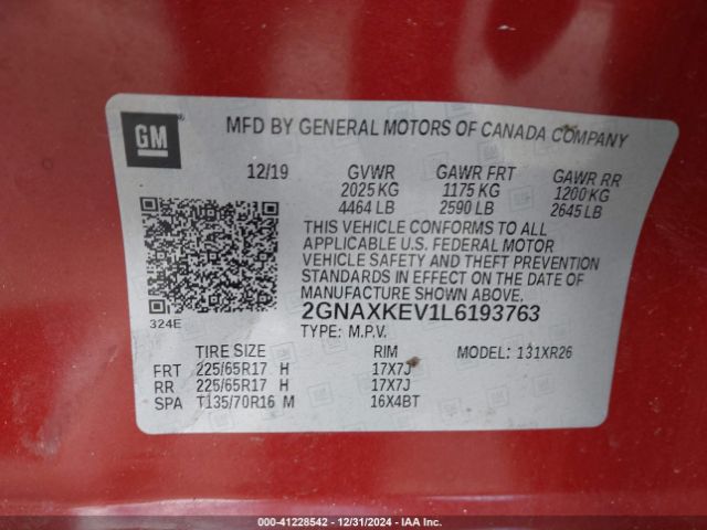 2GNAXKEV1L6193763 Chevrolet Equinox Fwd Lt 1.5l Turbo