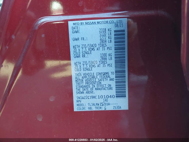 5N1AZ2CJ9RC101040 Nissan Murano Sl Fwd