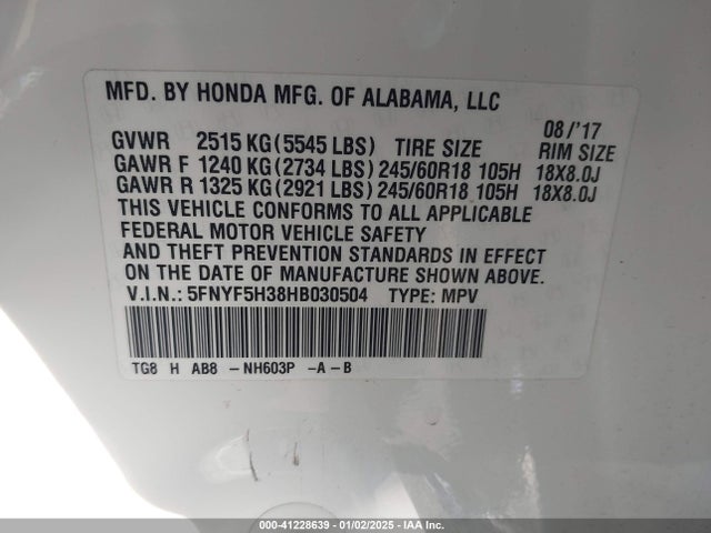 Honda Pilot Ex 2017 5FNYF5H38HB030504 Image 9
