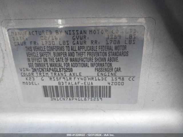 3N1CN7AP4GL875259 Nissan Versa 1.6 S