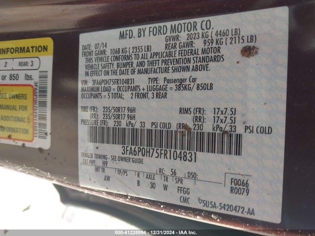 Ford FUSION SE 2015 3FA6P0H75FR104831 Image 9