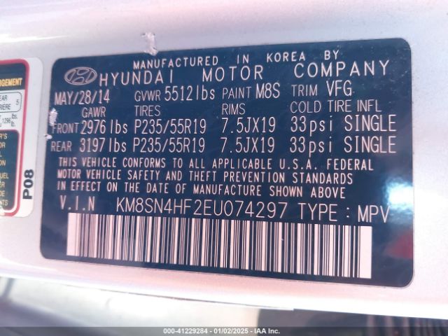 KM8SN4HF2EU074297 Hyundai Santa Fe Gls