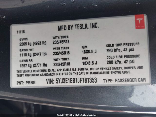 5YJ3E1EB1JF181353 Tesla Model 3 Long Range/performance