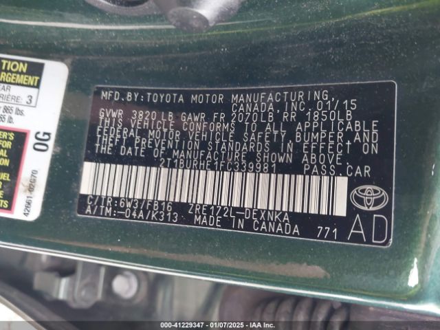 2T1BURHE1FC339981 Toyota COROLLA LE