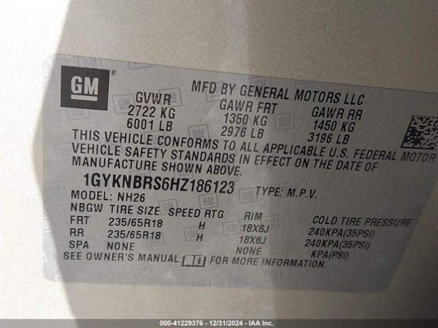 1GYKNBRS6HZ186123 Cadillac XT5 LUXURY
