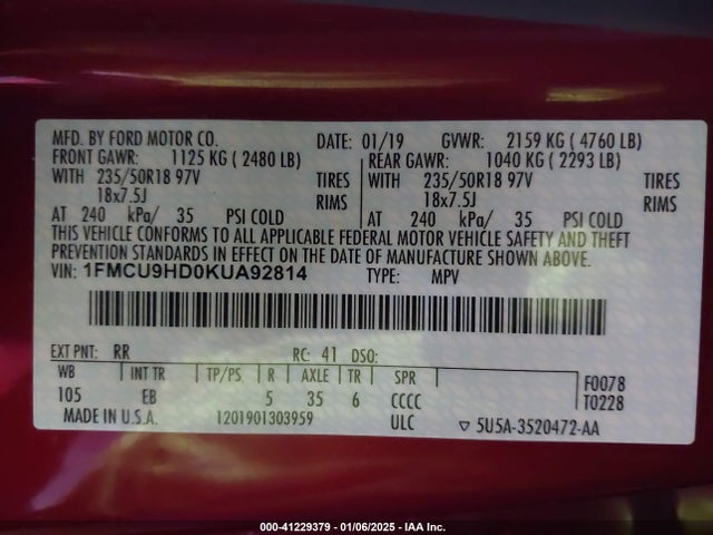 1FMCU9HD0KUA92814 Ford ESCAPE SEL