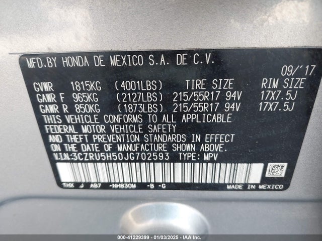 3CZRU5H50JG702593 Honda HR-V EX