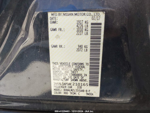 1N4AL3AP5HC210165 Nissan Altima 2.5 Sv
