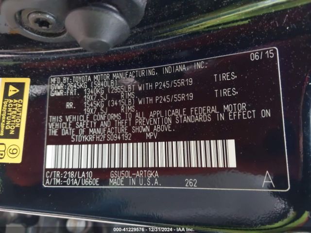 5TDYKRFH2FS094192 Toyota Highlander Limited V6