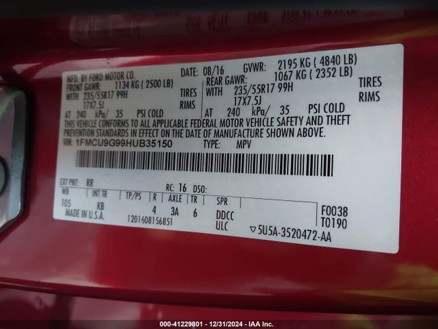 Ford ESCAPE SE 2017 1FMCU9G99HUB35150 Image 9