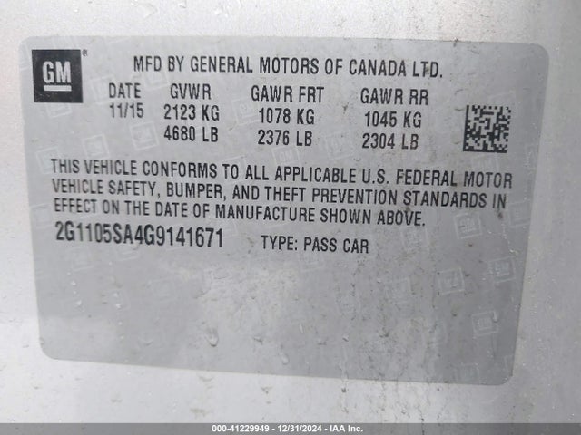 Chevrolet IMPALA 1LT 2016 2G1105SA4G9141671 Image 9