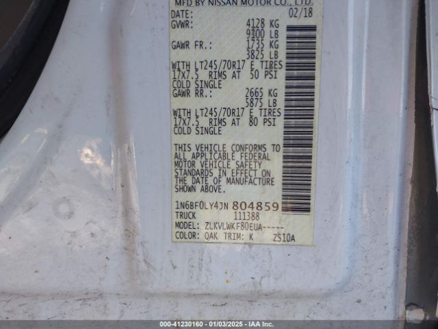 1N6BF0LY4JN804859 Nissan Nv Cargo Nv2500 Hd S V6