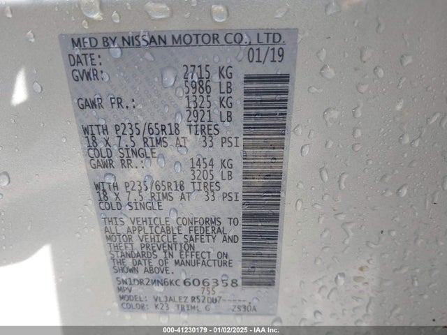 5N1DR2MN6KC606358 Nissan Pathfinder Sv