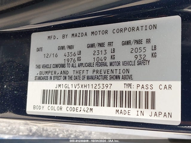 41230209 :رقم المزاد ، JM1GL1V5XH1125397 vin ، 2017 Mazda Mazda6 Touring مزاد بيع