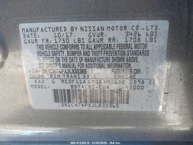 3N1CN7APXJL830365 Nissan Versa 1.6 Sv