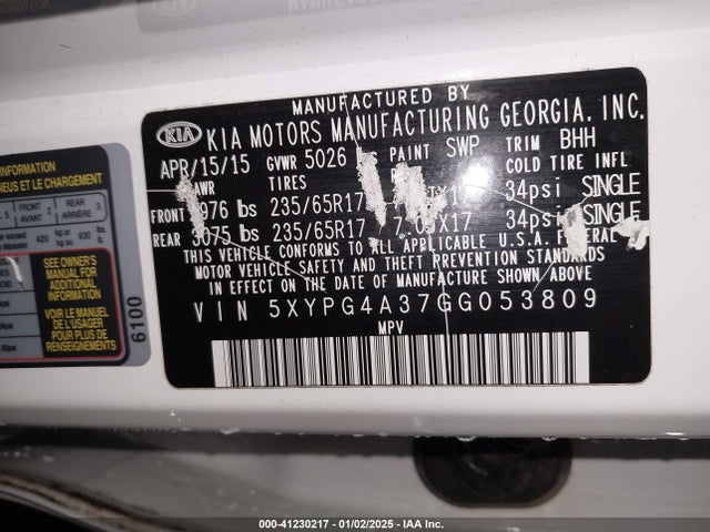 5XYPG4A37GG053809 KIA Sorento 2.4l Lx