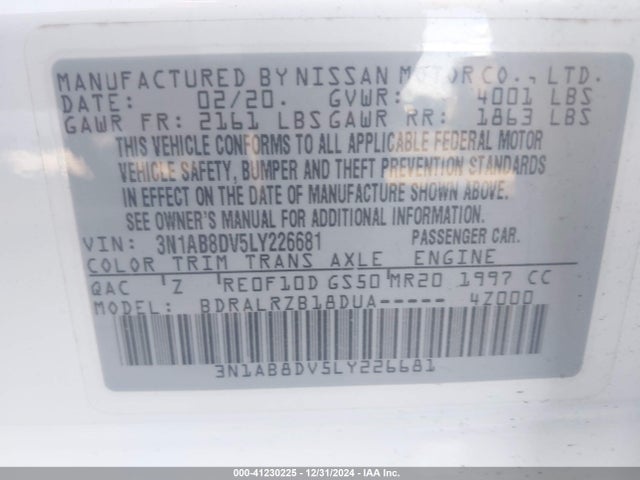 3N1AB8DV5LY226681 Nissan Sentra Sr Xtronic Cvt