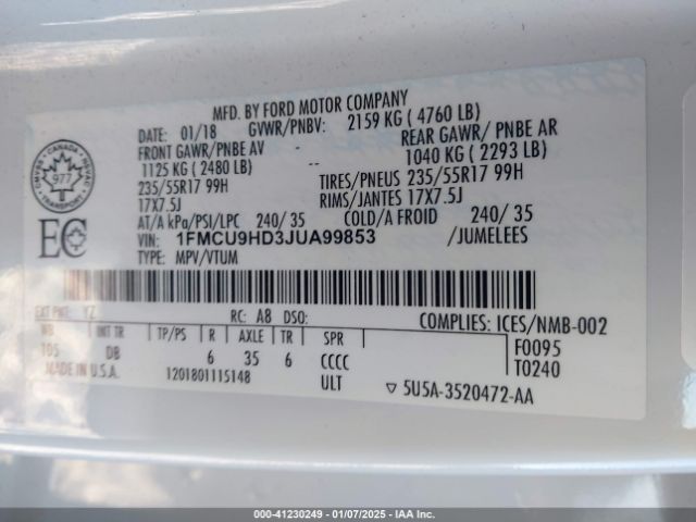 1FMCU9HD3JUA99853 Ford ESCAPE SEL