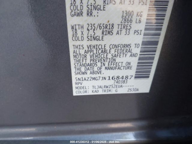 5N1AZ2MG7JN168487 Nissan MURANO SL