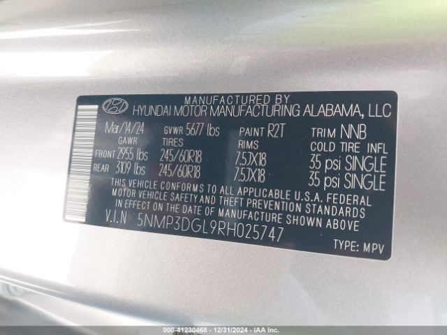 5NMP3DGL9RH025747 Hyundai Santa Fe Xrt