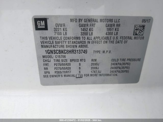 1GNSCBKC8HR313749 Chevrolet Tahoe Lt