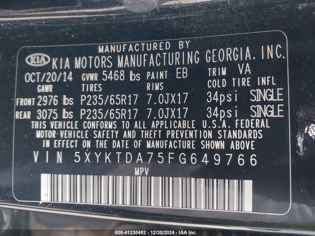 KIA Sorento Lx V6 2015 5XYKTDA75FG649766 Image 9
