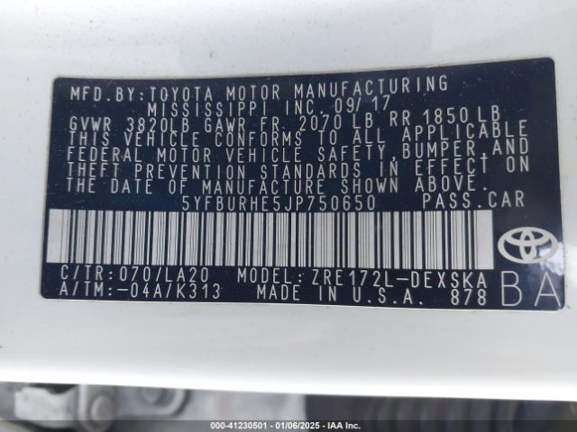 5YFBURHE5JP750650 Toyota Corolla Xse