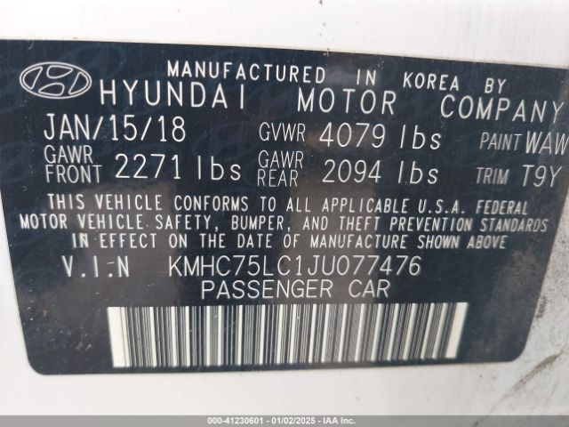 KMHC75LC1JU077476 Hyundai Ioniq Hybrid Sel