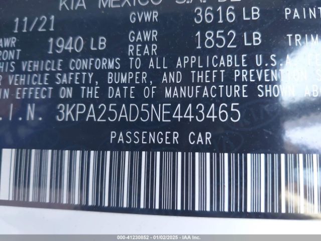 3KPA25AD5NE443465 KIA Rio 5-door S