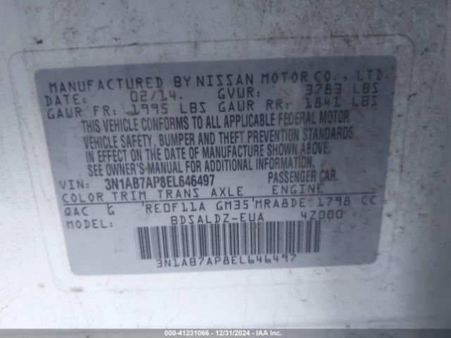 3N1AB7AP8EL646497 Nissan Sentra Fe+ S/fe+ Sv/s/sl/sr/sv