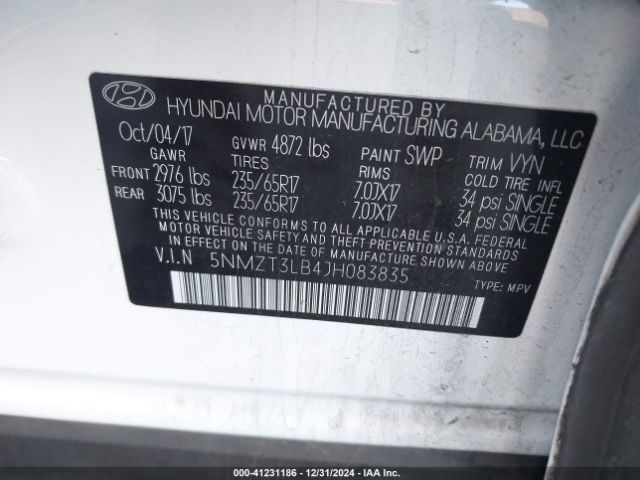 5NMZT3LB4JH083835 Hyundai Santa Fe Sport 2.4l