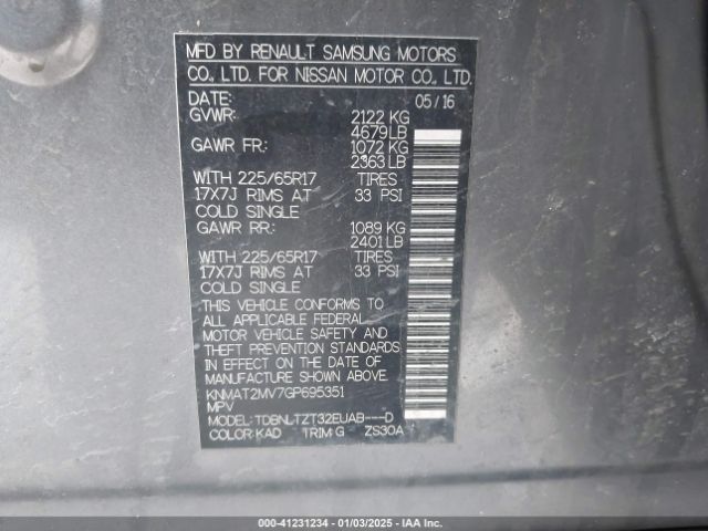 KNMAT2MV7GP695351 Nissan Rogue S/sl/sv