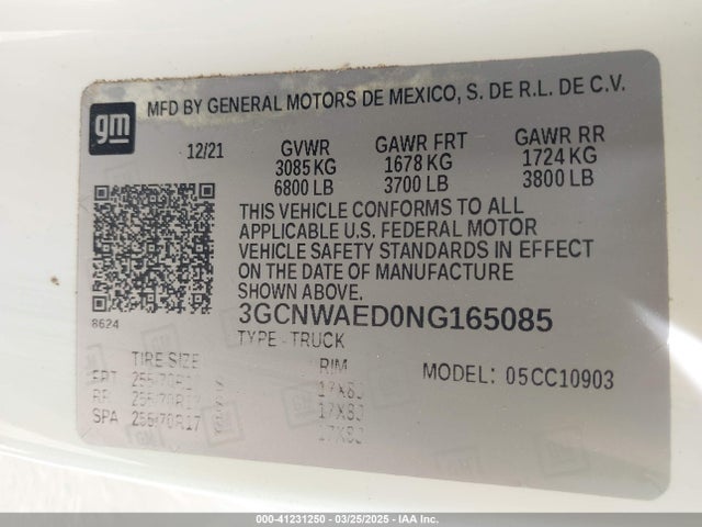 3GCNWAED0NG165085 Chevrolet Silverado 1500 Ltd 2wd  Long Bed Wt