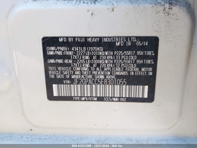 Subaru Xv Crosstrek 2.0i Premium 2014 JF2GPACC5E8301055 Image 9