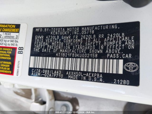 4T1B21FB9KU002158 Toyota Avalon Hybrid Limited