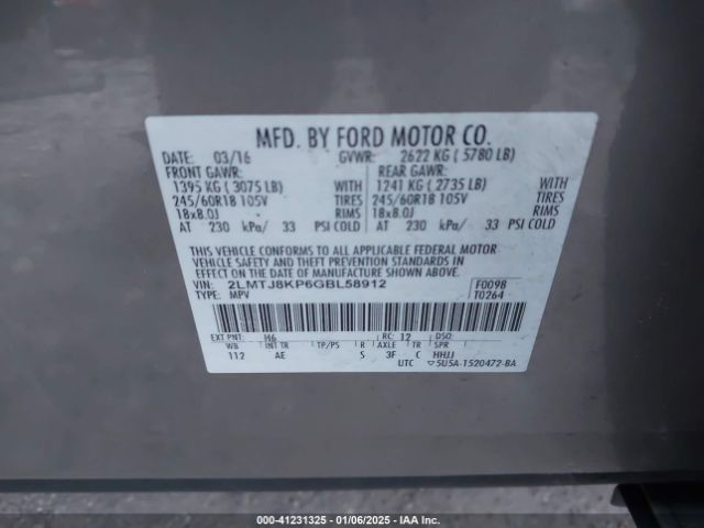 2LMTJ8KP6GBL58912 Lincoln Mkx Select
